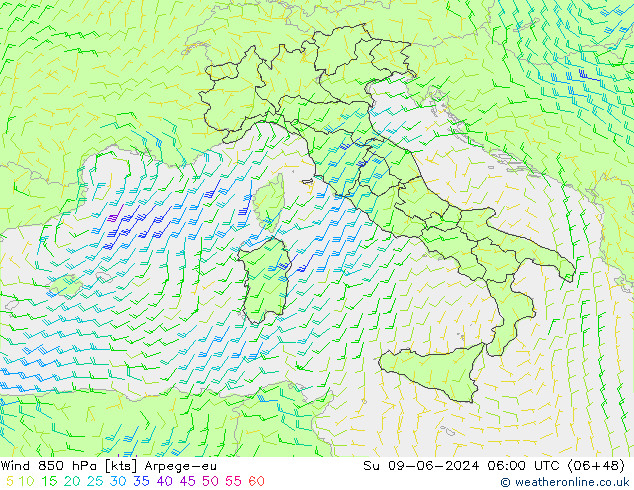 Wind 850 hPa Arpege-eu zo 09.06.2024 06 UTC