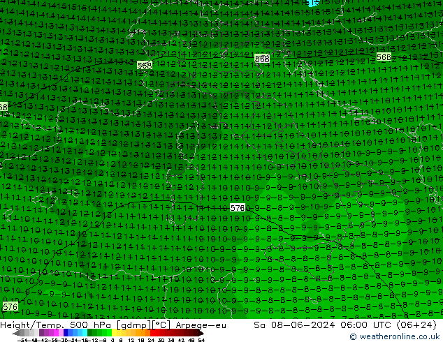 Height/Temp. 500 hPa Arpege-eu Sa 08.06.2024 06 UTC