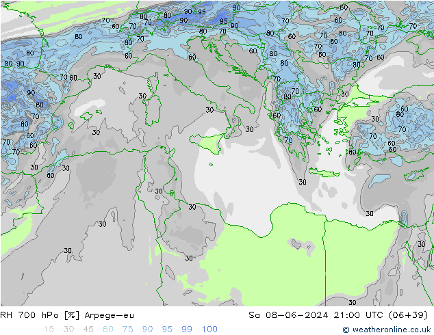 RH 700 hPa Arpege-eu Sa 08.06.2024 21 UTC