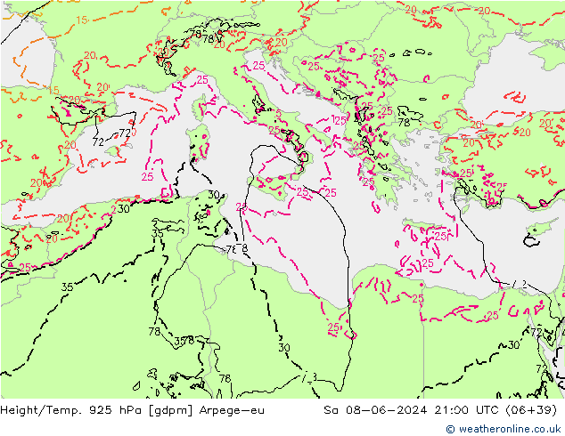 Height/Temp. 925 hPa Arpege-eu Sa 08.06.2024 21 UTC