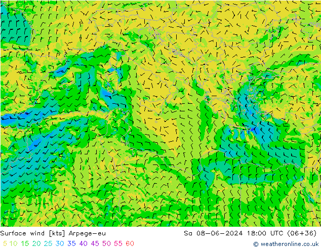 Viento 10 m Arpege-eu sáb 08.06.2024 18 UTC