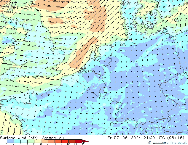Surface wind (bft) Arpege-eu Fr 07.06.2024 21 UTC