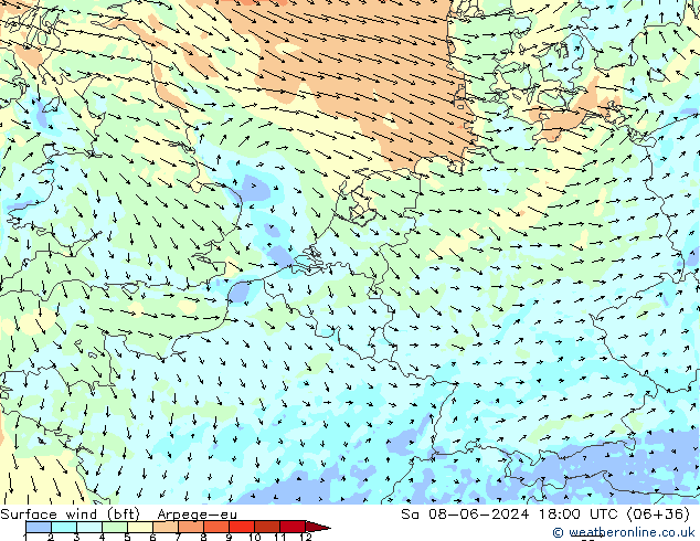 Wind 10 m (bft) Arpege-eu za 08.06.2024 18 UTC