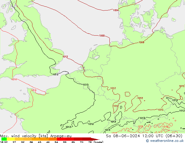 Max. wind velocity Arpege-eu Sa 08.06.2024 12 UTC