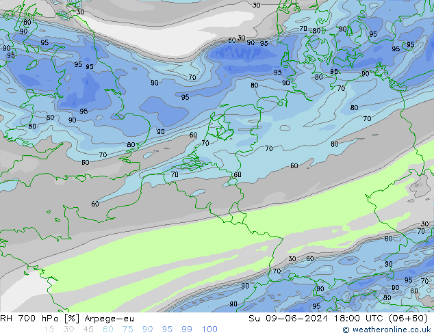 RH 700 hPa Arpege-eu Ne 09.06.2024 18 UTC