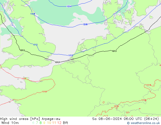 High wind areas Arpege-eu  08.06.2024 06 UTC