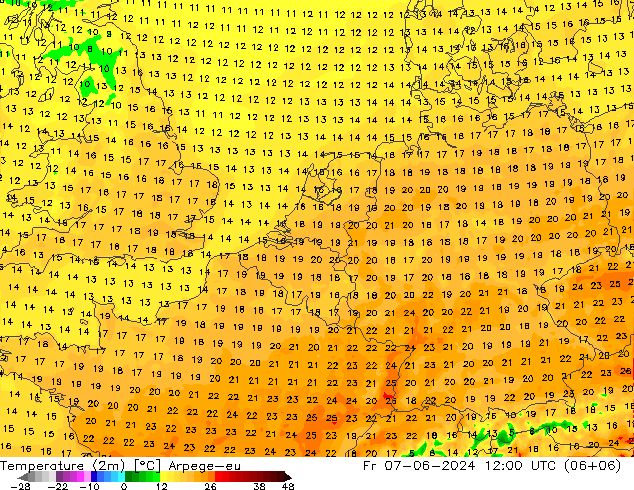 Temperaturkarte (2m) Arpege-eu Fr 07.06.2024 12 UTC