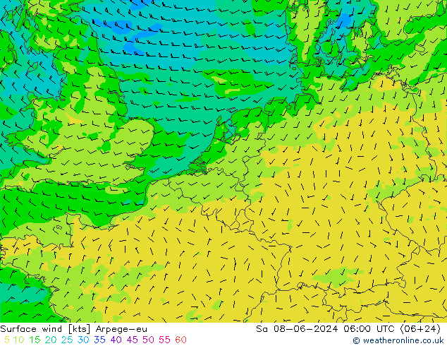 wiatr 10 m Arpege-eu so. 08.06.2024 06 UTC