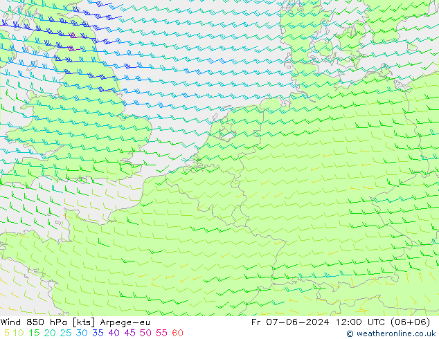 Vento 850 hPa Arpege-eu ven 07.06.2024 12 UTC