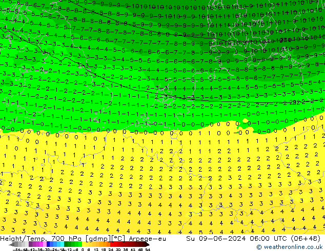 Height/Temp. 700 hPa Arpege-eu  09.06.2024 06 UTC