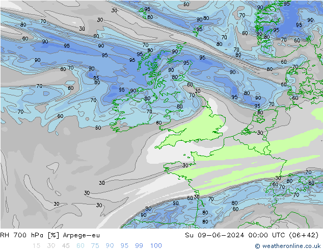 RH 700 hPa Arpege-eu Su 09.06.2024 00 UTC