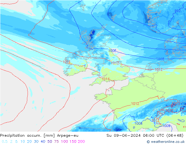 Précipitation accum. Arpege-eu dim 09.06.2024 06 UTC