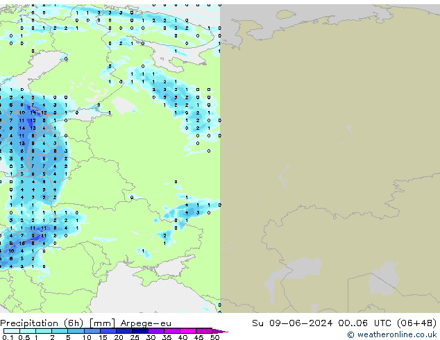 осадки (6h) Arpege-eu Вс 09.06.2024 06 UTC