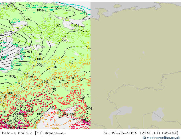 Theta-e 850hPa Arpege-eu Su 09.06.2024 12 UTC