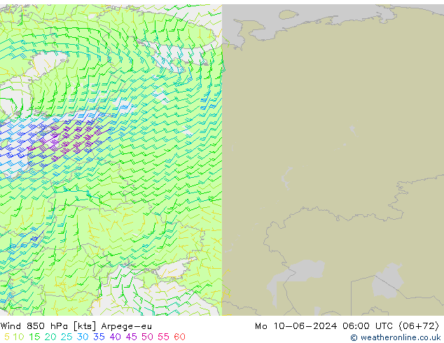 Wind 850 hPa Arpege-eu Mo 10.06.2024 06 UTC