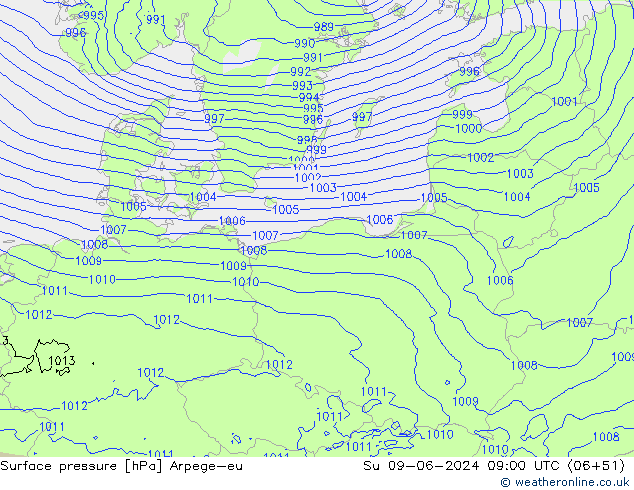 Luchtdruk (Grond) Arpege-eu zo 09.06.2024 09 UTC