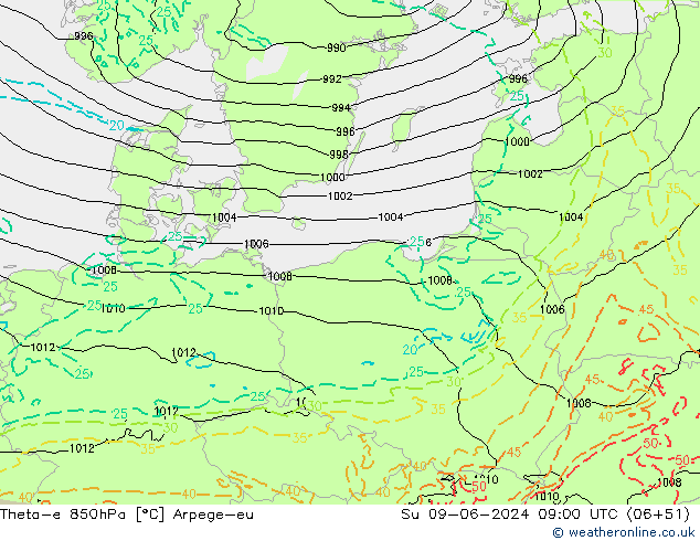 Theta-e 850hPa Arpege-eu zo 09.06.2024 09 UTC