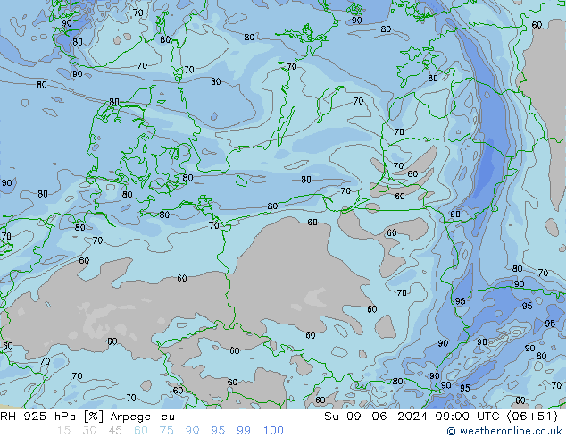 RH 925 hPa Arpege-eu Ne 09.06.2024 09 UTC