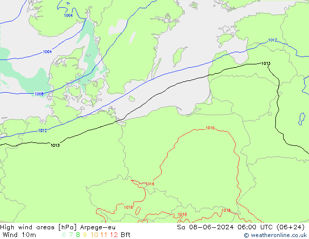 High wind areas Arpege-eu сб 08.06.2024 06 UTC