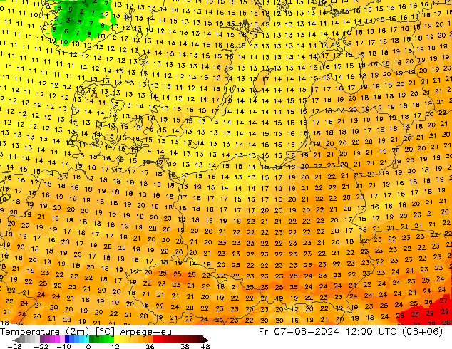 mapa temperatury (2m) Arpege-eu pt. 07.06.2024 12 UTC