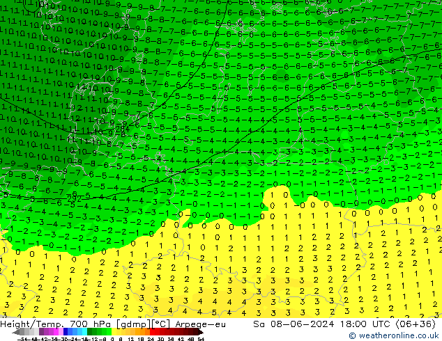 Height/Temp. 700 hPa Arpege-eu Sa 08.06.2024 18 UTC