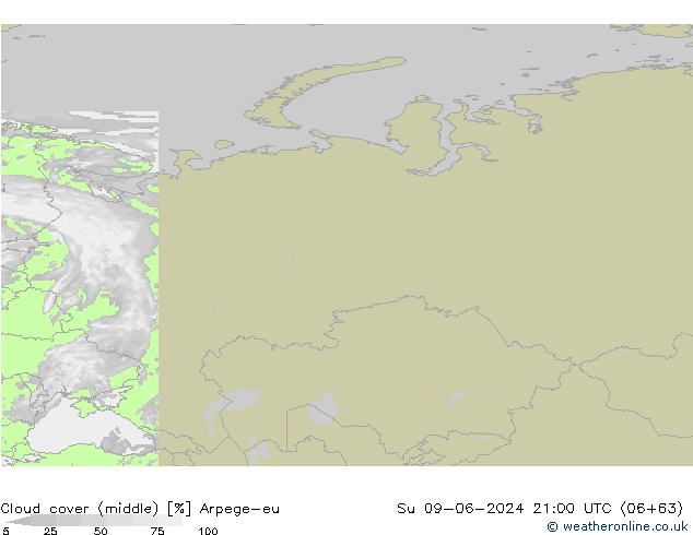 Cloud cover (middle) Arpege-eu Su 09.06.2024 21 UTC