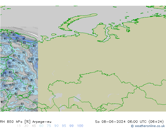 Humidité rel. 850 hPa Arpege-eu sam 08.06.2024 06 UTC