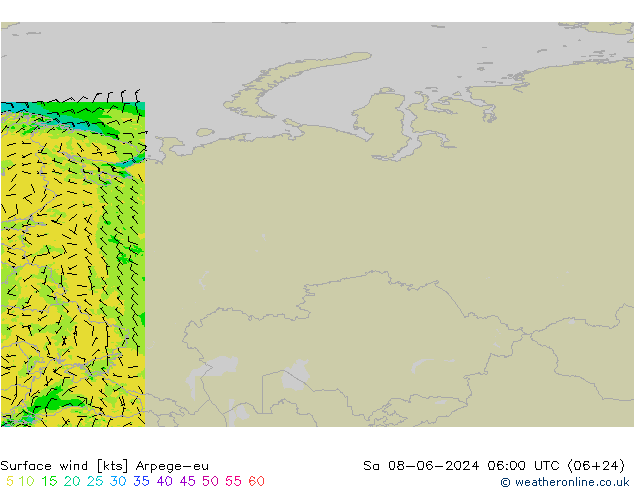 ветер 10 m Arpege-eu сб 08.06.2024 06 UTC