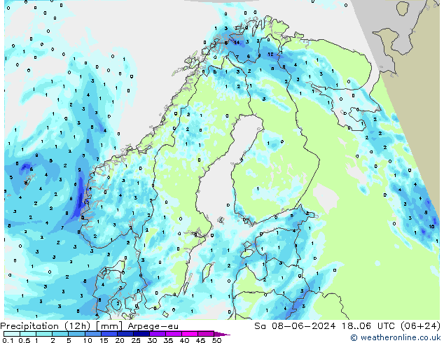 Precipitação (12h) Arpege-eu Sáb 08.06.2024 06 UTC