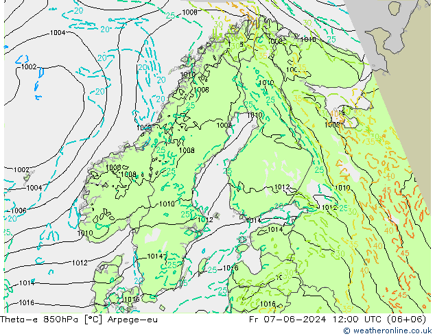 Theta-e 850hPa Arpege-eu Fr 07.06.2024 12 UTC