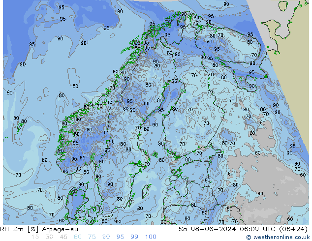 RH 2m Arpege-eu Sáb 08.06.2024 06 UTC