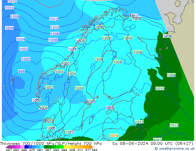 Espesor 700-1000 hPa Arpege-eu sáb 08.06.2024 09 UTC