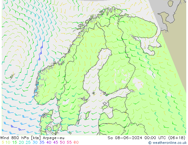 Wind 850 hPa Arpege-eu Sa 08.06.2024 00 UTC