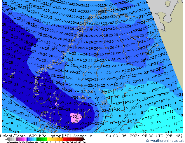 Height/Temp. 500 гПа Arpege-eu Вс 09.06.2024 06 UTC