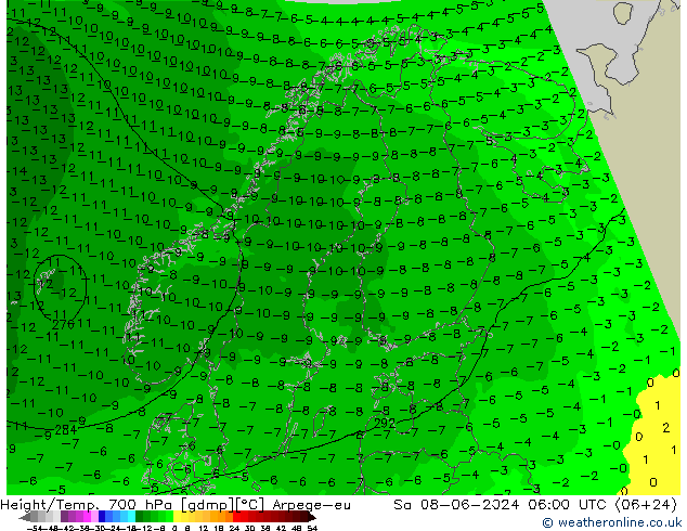 Géop./Temp. 700 hPa Arpege-eu sam 08.06.2024 06 UTC