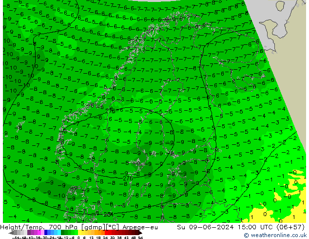 Height/Temp. 700 hPa Arpege-eu nie. 09.06.2024 15 UTC