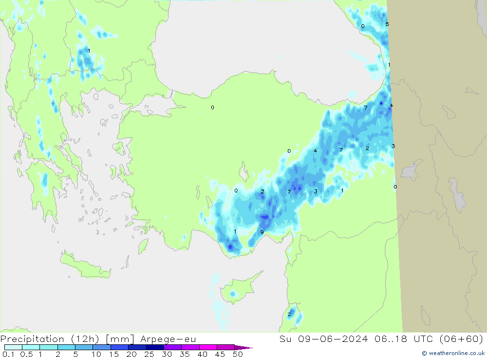 Précipitation (12h) Arpege-eu dim 09.06.2024 18 UTC