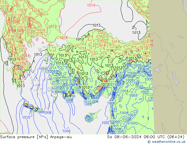 Atmosférický tlak Arpege-eu So 08.06.2024 06 UTC