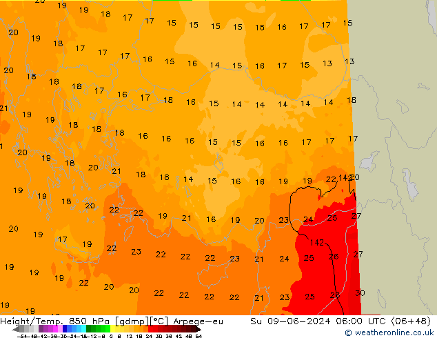 Height/Temp. 850 hPa Arpege-eu Su 09.06.2024 06 UTC