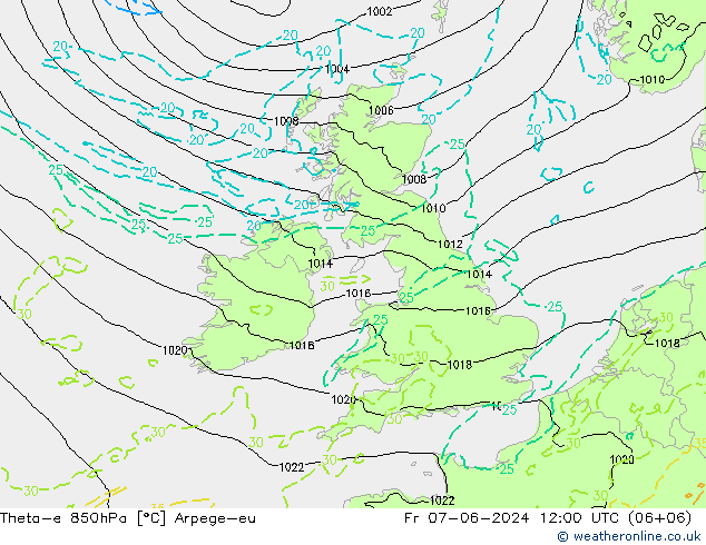 Theta-e 850hPa Arpege-eu vr 07.06.2024 12 UTC