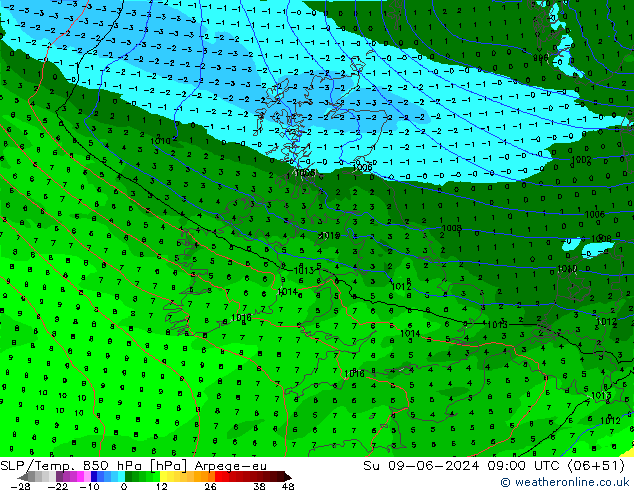 SLP/Temp. 850 hPa Arpege-eu Ne 09.06.2024 09 UTC