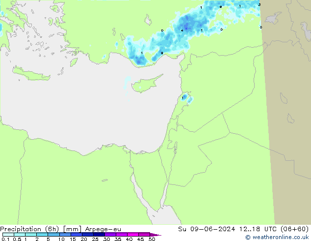 Totale neerslag (6h) Arpege-eu zo 09.06.2024 18 UTC