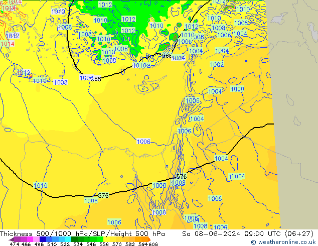 Schichtdicke 500-1000 hPa Arpege-eu Sa 08.06.2024 09 UTC