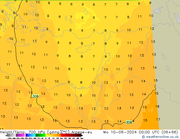 Height/Temp. 700 hPa Arpege-eu Mo 10.06.2024 00 UTC