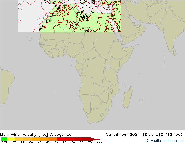 Max. wind velocity Arpege-eu  08.06.2024 18 UTC