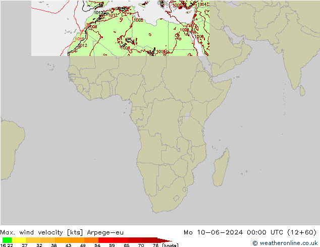 Max. wind velocity Arpege-eu Po 10.06.2024 00 UTC