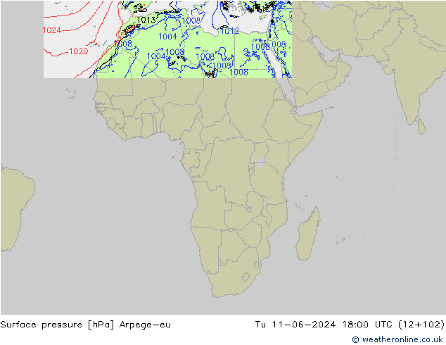 Surface pressure Arpege-eu Tu 11.06.2024 18 UTC