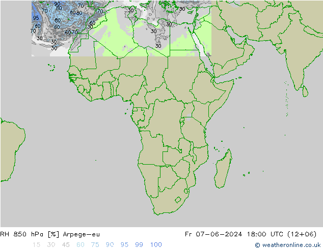 RH 850 гПа Arpege-eu пт 07.06.2024 18 UTC