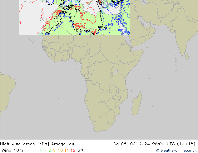 High wind areas Arpege-eu Sa 08.06.2024 06 UTC