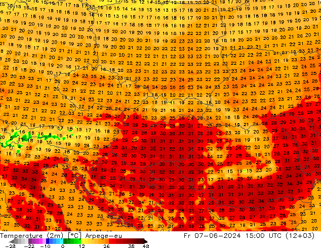 Temperaturkarte (2m) Arpege-eu Fr 07.06.2024 15 UTC